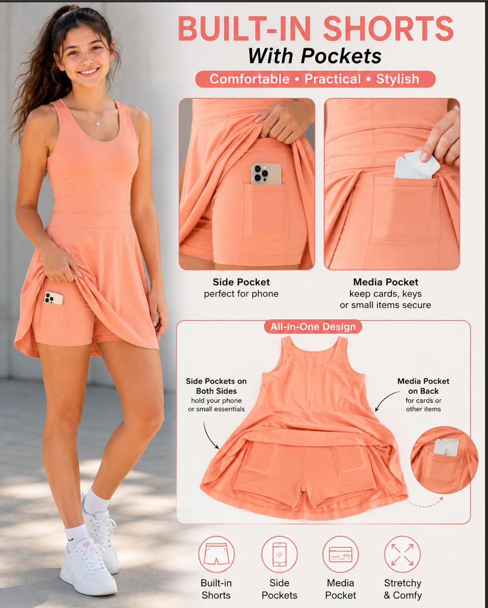 MOTEEPI Girls Teens Coral Athletic Dress Sleeveless w/ Inner Shorts & Pockets XL